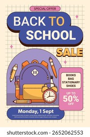 Back to school sale vector template background with school elements and items. Education banner and poster. Template for advertising, web, social media. Vector Illustration