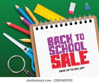 Back to school sale vector text banner. Back to school with 50% promotion offer of colorful educational element background. Vector illustration flyer design.
