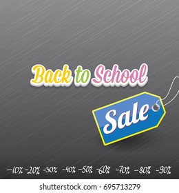 Back to school sale vector text logo or label with tag and hand drawn numbers on grey square chalkboard background. back to school sale web banner