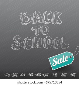 Back to school sale vector text logo or label with tag and hand drawn numbers on grey square chalkboard background. back to school sale web banner