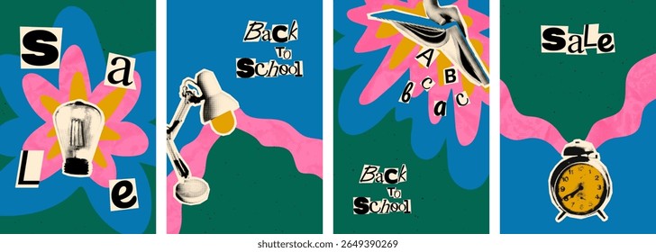 Back to school sale vertical banner templates set. Halftone collage paper cut outs, education concept, light bulb, alarm clock, book, hand drawn doodles. Modern retro mixed media vector illustration