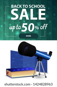 Back to school sale, vertical discount web banner for your site with polygonal texture, telescope, a map of the constellations and the encyclopedia of astronomy