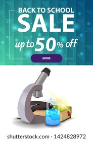 Back to school sale, vertical discount web banner for your site with polygonal texture, microscope, books and chemical flask