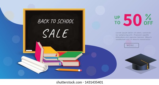 Back to school sale web banner with up to 50% discount off on chalkboard with stack of books, pencil and graduation cap. Design template for online education school shopping promotion marketing