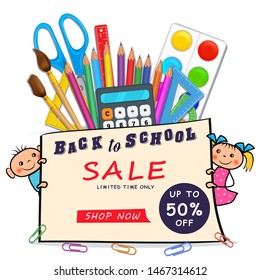 Back to school sale web banner with realistic supplies, doodle boy and girl kids isolated on white background for retail marketing promotion and education, stationery equipment