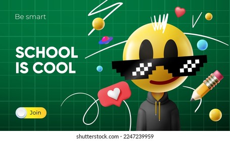 Back to school sale web banner with emoji Smiling face in sunglasses and social media icons. Online education, digital learning. Vector illustration