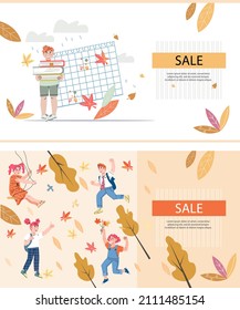 Zurück zu Schulverkauf Web-Banner mit Cartoon-Kinder, flache Vektorgrafik. Website-Interfaces-Paket für Schulartikel und Kinderbekleidung Verkauf.
