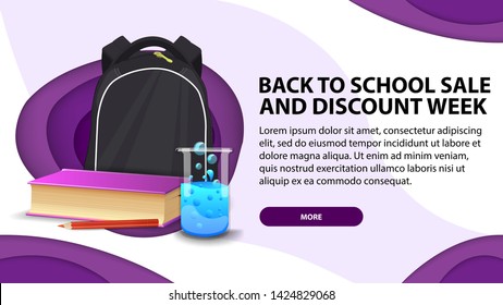 Back to school sale the week of discounts, today's web banner in paper cut style with school backpack, a book and a chemical flask