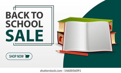 Back to school sale, white banner with school textbooks and notebook