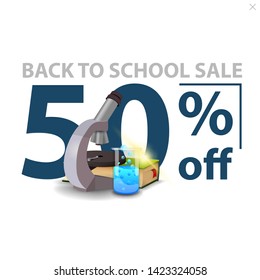 Back to school sale, white stylish discount banner with numbers with microscope, books and chemical flask