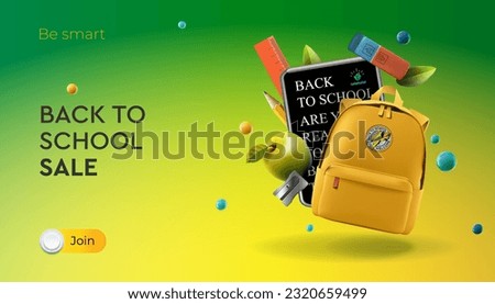 Back to school Sale, yellow backpack with apple and school supplies, vector illustration