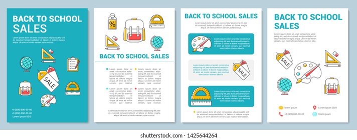 Back to school sales brochure template layout. Discount for pupils. Flyer, booklet, leaflet print design with linear illustrations. Vector page layouts for magazine, annual report, advertising poster