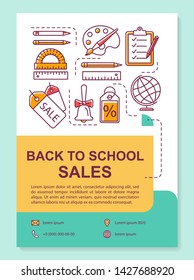 Back to school sales brochure template layout. Buying supplies. Flyer, booklet, leaflet print design with linear illustrations. Vector page layouts for magazines, annual reports, advertising posters