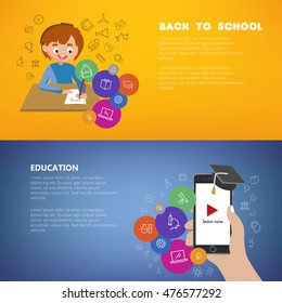 Back to School sales poster with happy male kid character and icons. Online learning with mobile video tutorials poster with hand holding phone and graduation hat. Colorful and splitted vector design.