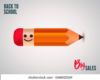 Back to school sales poster with smiling pencil character. Vector illustration. 