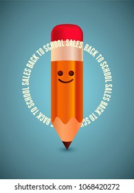 Back to school sales poster with smiling pencil character. Vector illustration. 