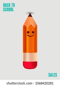 Back to school sales poster with smiling pencil character. Vector illustration. 