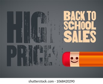 Back to school sales poster with smiling pencil character. Vector illustration. 