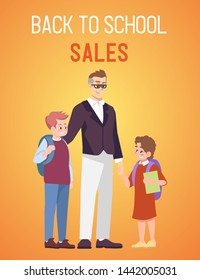 Back to school sales poster vector template. Brochure, cover, booklet page concept design with flat illustrations. Elementary school education.  Advertising flyer, leaflet, banner layout idea