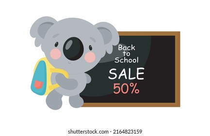 Back to School sales vector banner with cute koala and sale text on a white background. Vector illustration in cartoon style.