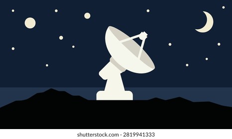 Back To School Satellite dish observatory under a night sky with moon and stars, satellite