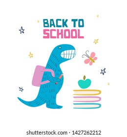 Back to school scandinavian drawing with cute dino hand drawn funny monster 