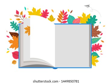 Back to school scene with big book and autumn, fall leaves. College, school and university concept vector illustration