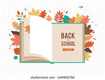 Back to school scene with big book and autumn, fall leaves. College, school and university concept vector illustration