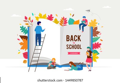 Back to school scene with big book and miniature people, children playing with autumn leaves, jumping and running. College, school and university concept vector illustration