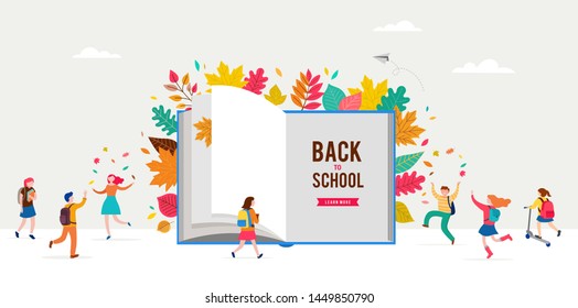 Back to school scene with big book and miniature people, children playing with autumn leaves, jumping and running. College, school and university concept vector illustration