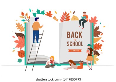 Back to school scene with big book and miniature people, children playing with autumn leaves, jumping and running. College, school and university concept vector illustration