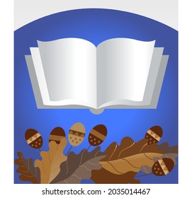 Back to the school scene with the big book and the fall, the fall oak leaves. Vector illustration of the concept of college, school and university, educational programs.
