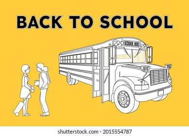 Back to school Scene of a BUS school and two girls talking. Vector illustration