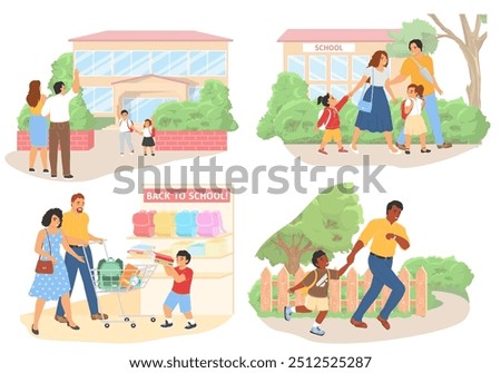 Back to school scene with happy parents and children vector illustration