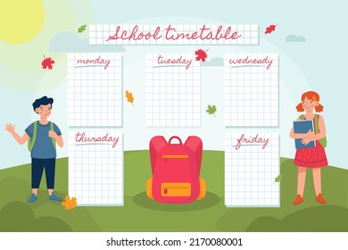 Back To The School Schedule Template Vector. Cute Boy And Girl On The School Lawn. Bright Background For The School Schedule.