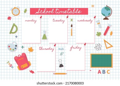 Back To The School Schedule Template Vector. Various School Supplies Line, Globe, Pencil, Paperclip, Backpack. Bright Background For The School Schedule.