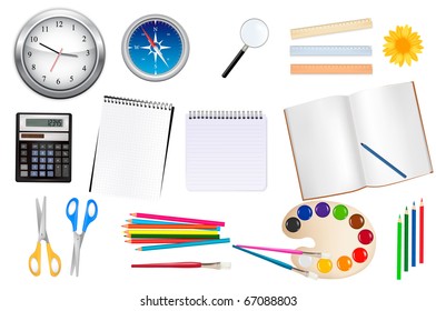 Back to school. Scholl and office supplies. Vector illustration.