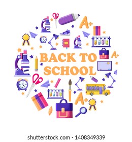 Back to school, schoolbag, college building, chalkboard, school-bus, stationery. Basic education and appliances elements in a circle shape icon. Flat cartoon vector illustration.