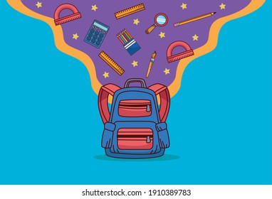 de vuelta a la escuela con bolso de escuela y suministros de diseño de ilustración vectorial
