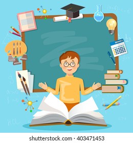 Back to school schoolboy blackboard student education vector illustration 