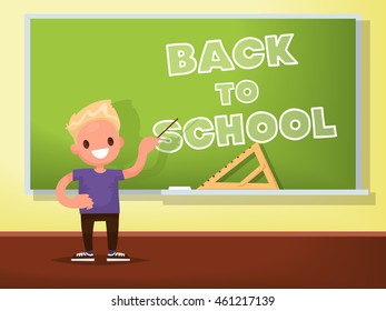 Back to school. Schoolboy at the blackboard. Vector illustration of a flat design