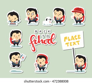 Back to School. Schoolboy little boy. character baby goes to school. Flat doodle funny stickers
