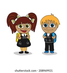 Back to school. Schoolboy and schoolgirl with satchels. 