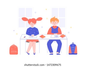 back to school, schoolboy sits at a desk, girl and boy in the lesson, education and study classroom character flat people cartoon vector