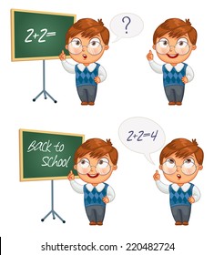 Back to school. Schoolboy writing on the chalkboard. Boy solves equations on blackboard. Funny cartoon character. Vector illustration. Isolated on white background. Set