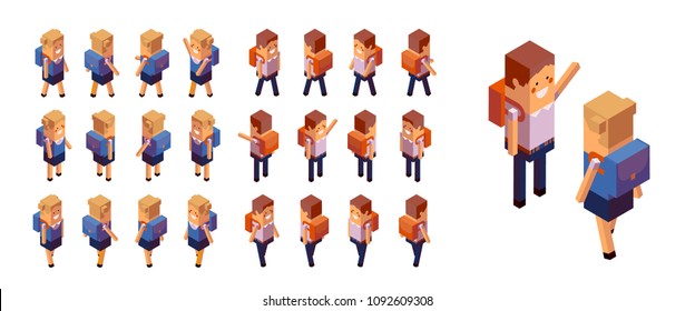 De vuelta a la escuela Niños y niñas Un conjunto de escolares isométricos figura adecuada para el diseño isométrico, aplicaciones para juegos Colección vectorial 3d de estilo geométrico Aislada en blanco