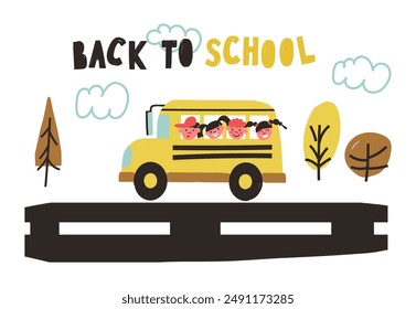 back to school. Schoolbus with pupils. Happy kids flat vector  illustration. little kids boys and girls ride school bus. Naive art style