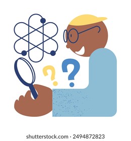 Back to school! Schoolchild with magnifying glass in physics lesson. Sketch vector illustration