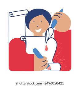 Back to school! Schoolchild with pencil and brush, paper. Sketch vector illustration