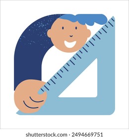Back to school! Schoolchild with ruler. Mathematics lesson. Sketch vector illustration